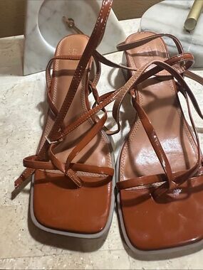 ASOS Cognac Brown Strappy Square-Toe Lace-Up Sandals